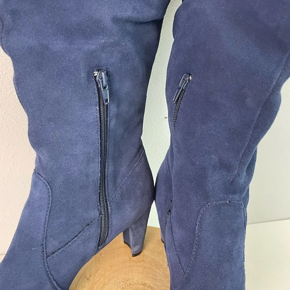 Hot in Hollywood Blue Leather Over the Knee Slouchy Boots Size 8W EUC